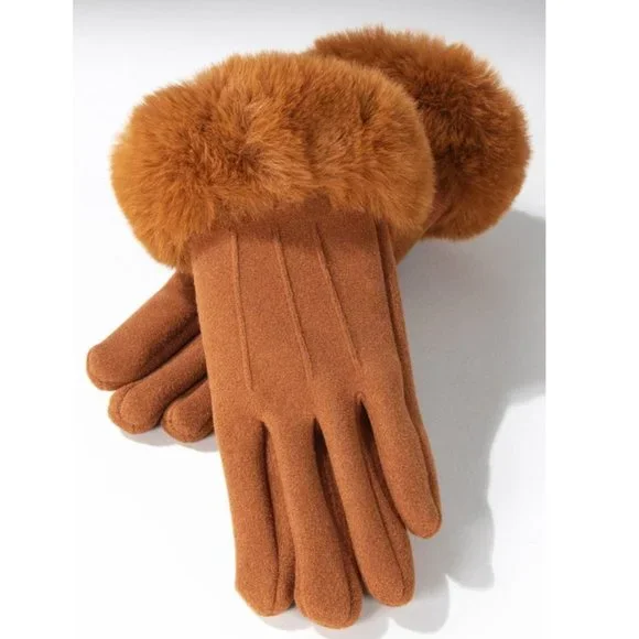 🆕 Camel Velvet Microfiber Gloves w/ Luxurious Faux Fur Cuffs 🆕 - Picture 2 of 6